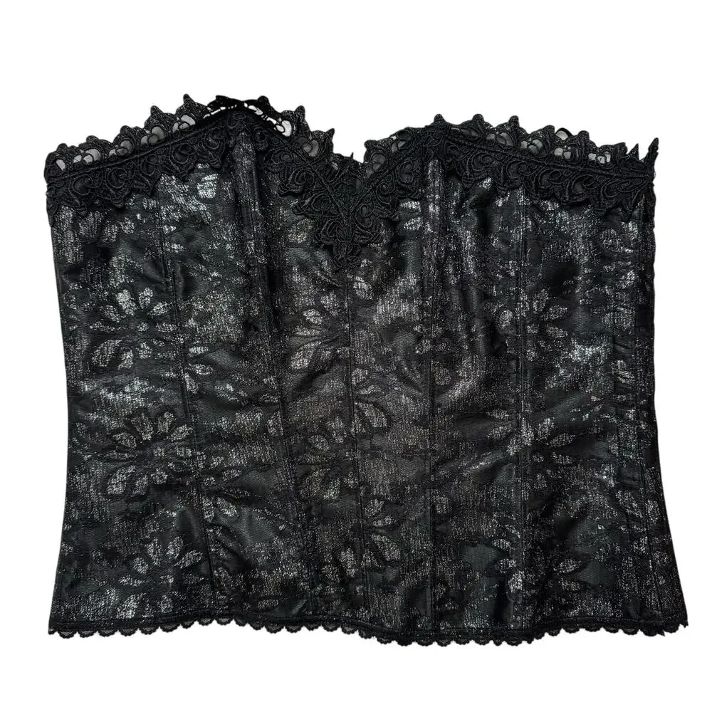 FREDERICKS OF HOLLYWOOD Black Silver Lace Up Corset Sz 42 Hook Eye Boning #8171